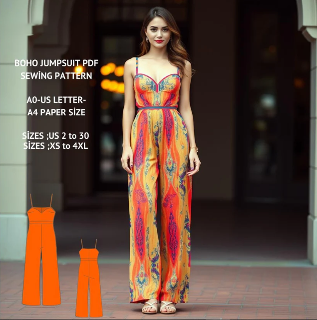 Boho Wide Leg Jumpsuit Sewing Pattern PDF XS-4XL