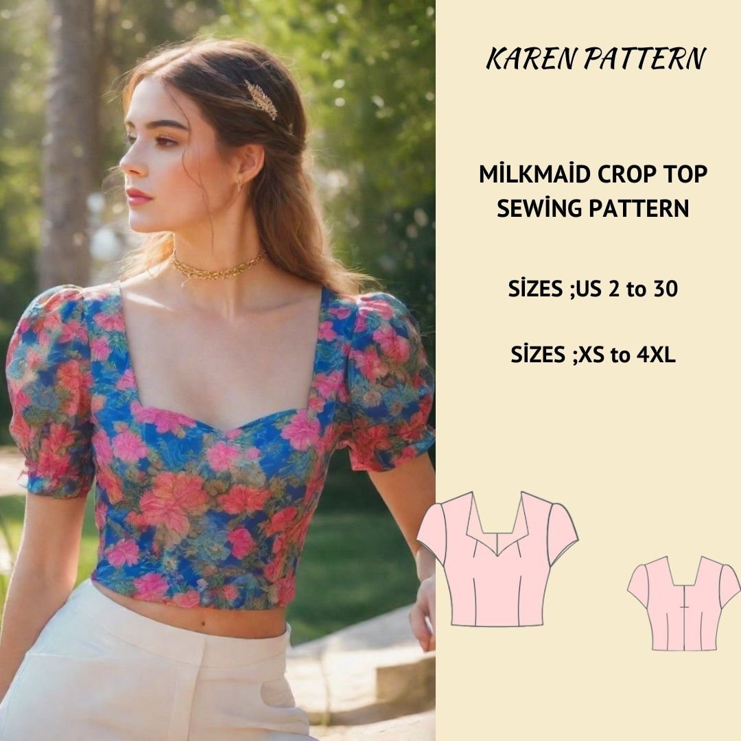 Milkmaid Puff Sleeve Crop Top Sewing Pattern PDF XS-4XL