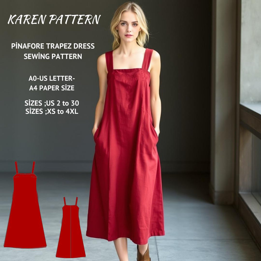 Trapeze Midi Pinafore Dress Sewing Pattern Linen Overall PDF XS-4XL