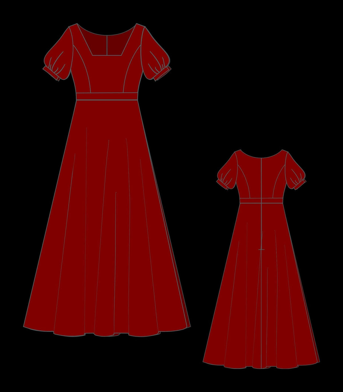 Vintage Square Neck Maxi Dress Sewing Pattern PDF XS-4XL
