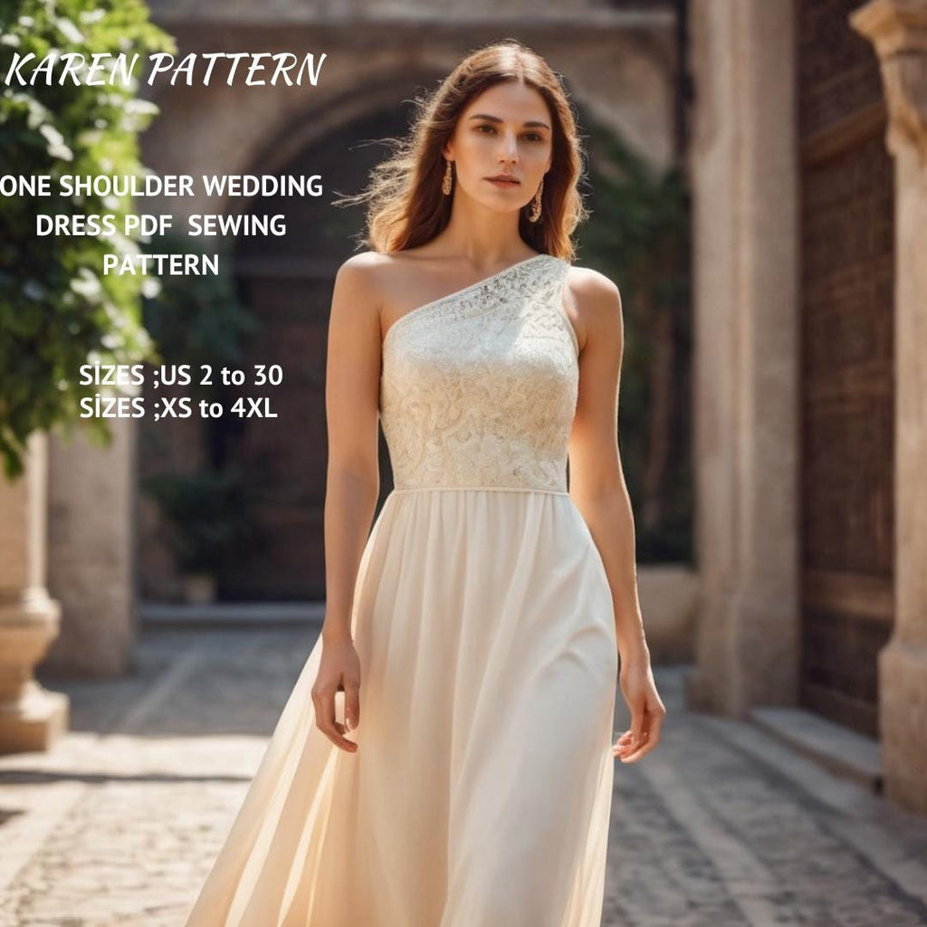 One Shoulder Wedding Dress Sewing Pattern Bodycon Maxi Gown PDF XS-4XL