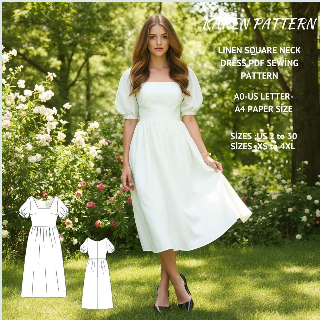 Linen Square Neck Midi Dress Sewing Pattern PDF XS-4XL