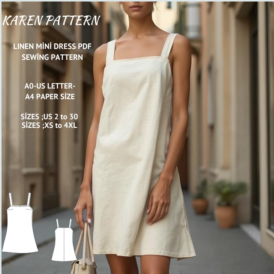 Linen Mini Pinafore Dress Sewing Pattern PDF XS-4XL