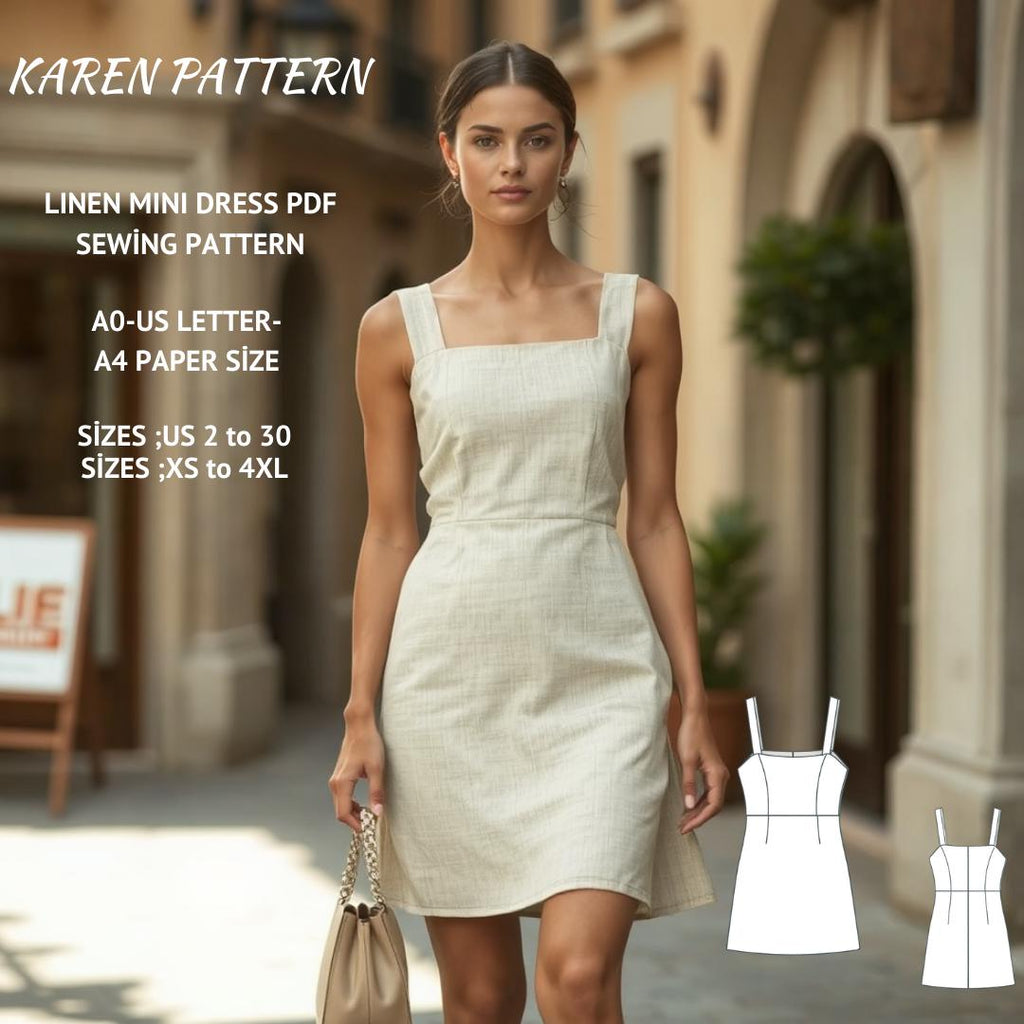 Linen A-Line Mini Dress Sewing Pattern PDF XS-4XL