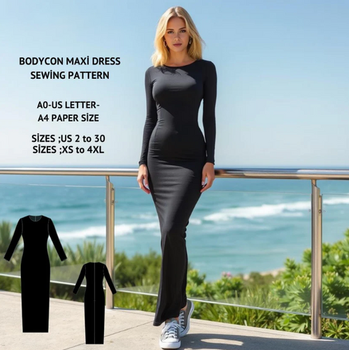Bodycon Maxi Dress Sewing Pattern PDF XS-4XL