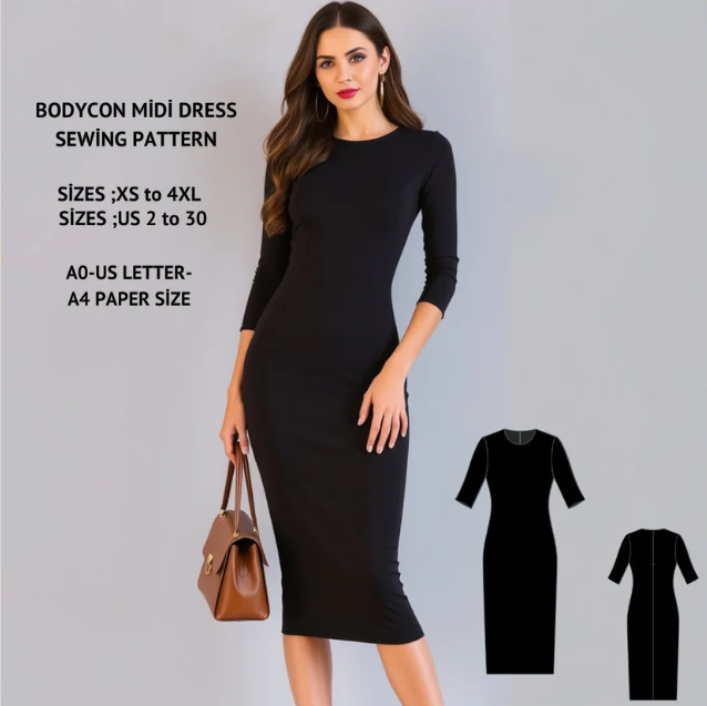 Bodycon Midi Dress Sewing Pattern PDF XS-4XL