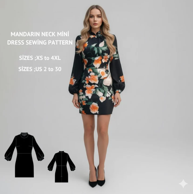 Cheongsam Mini Dress Sewing Pattern Mandarin Collar Vintage
