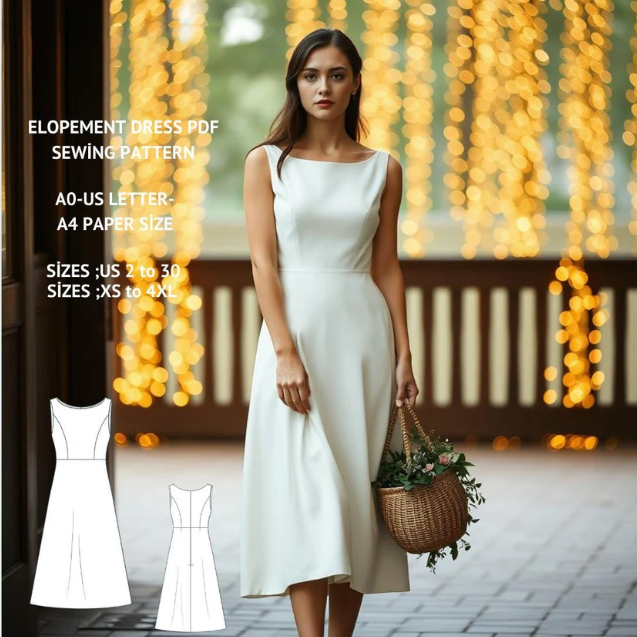 Elopement A-Line Midi Dress Sewing Pattern PDF XS-4XL