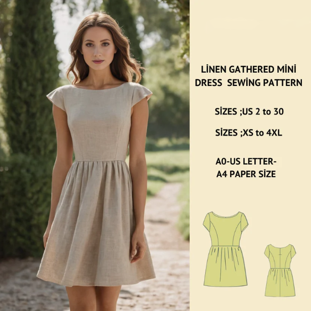 Gathered Boat Neck Linen Mini Dress Sewing Pattern PDF XS-4XL