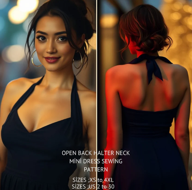 Halter Neck Open Back Dress Sewing Pattern PDF XS-4XL