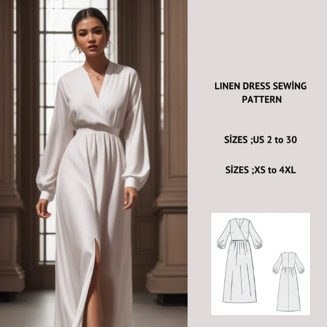 Linen Maxi Surplice Dress Sewing Pattern PDF XS-4XL