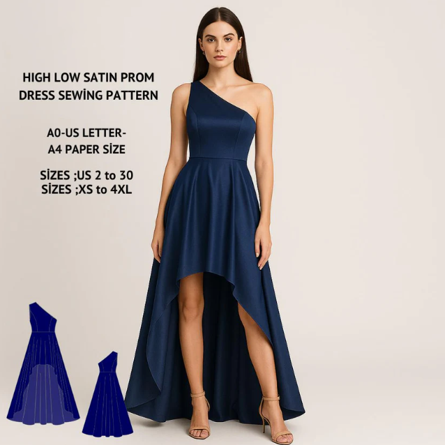 Asymmetrical Satin High-Low Gown Sewing Pattern PDF XS-4XL