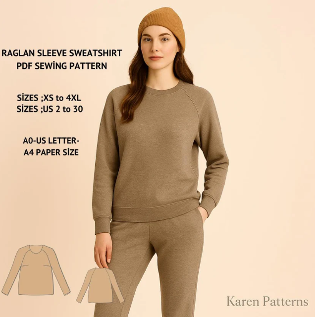 Raglan Sleeve Sweatshirt Sewing Pattern PDF XS-4XL