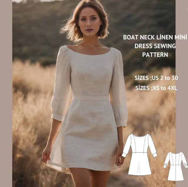 Boat Neck Linen Mini Dress Sewing Pattern PDF XS-4XL