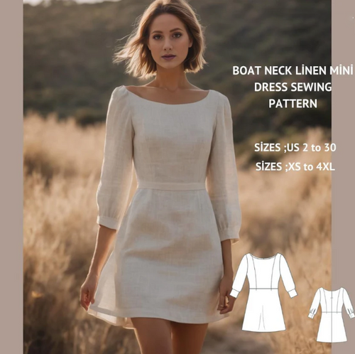 Boat Neck Linen Mini Dress Sewing Pattern PDF XS-4XL