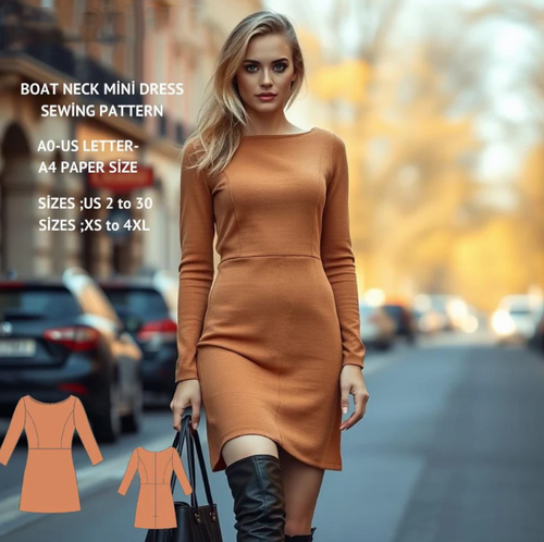 Boat Neck Mini A-Line Dress Sewing Pattern PDF XS-4XL