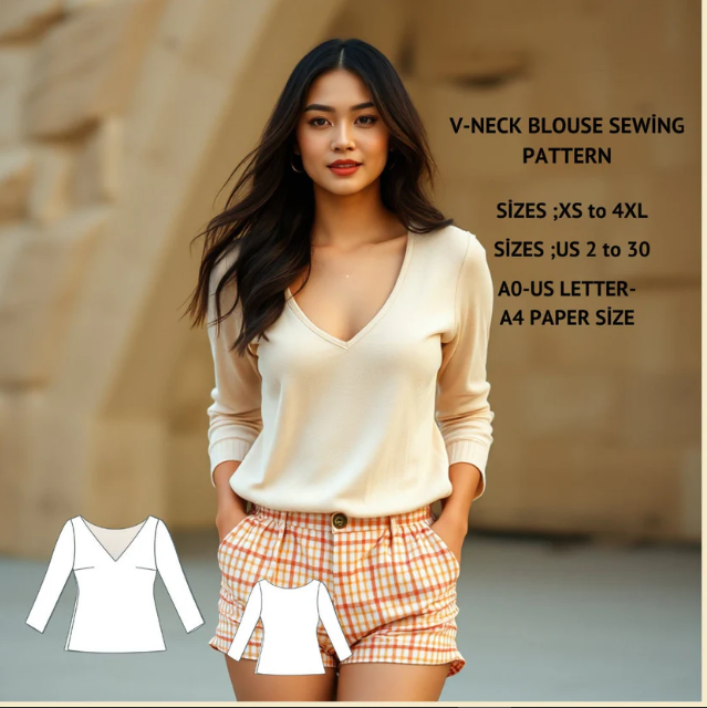 V-Neck Long Sleeve Blouse Sewing Pattern PDF XS-4XL