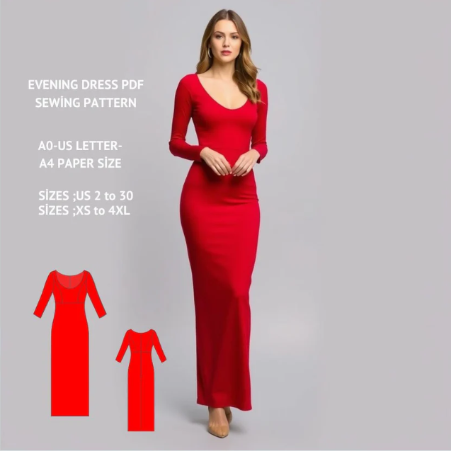 Velvet Bodycon Maxi Dress Sewing Pattern PDF XS-4XL